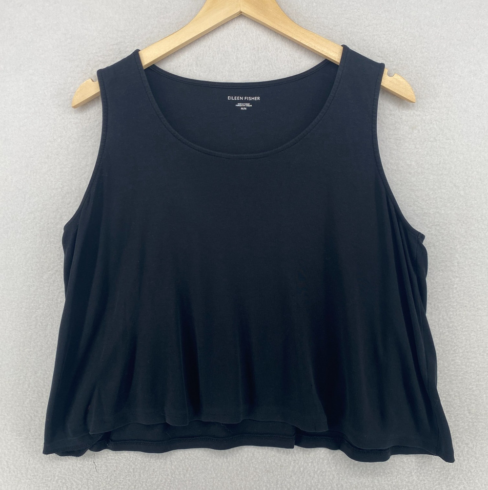 EILEEN FISHER Tank Top M Organic Cotton Jersey Boxy Scoop Neck Shell Black